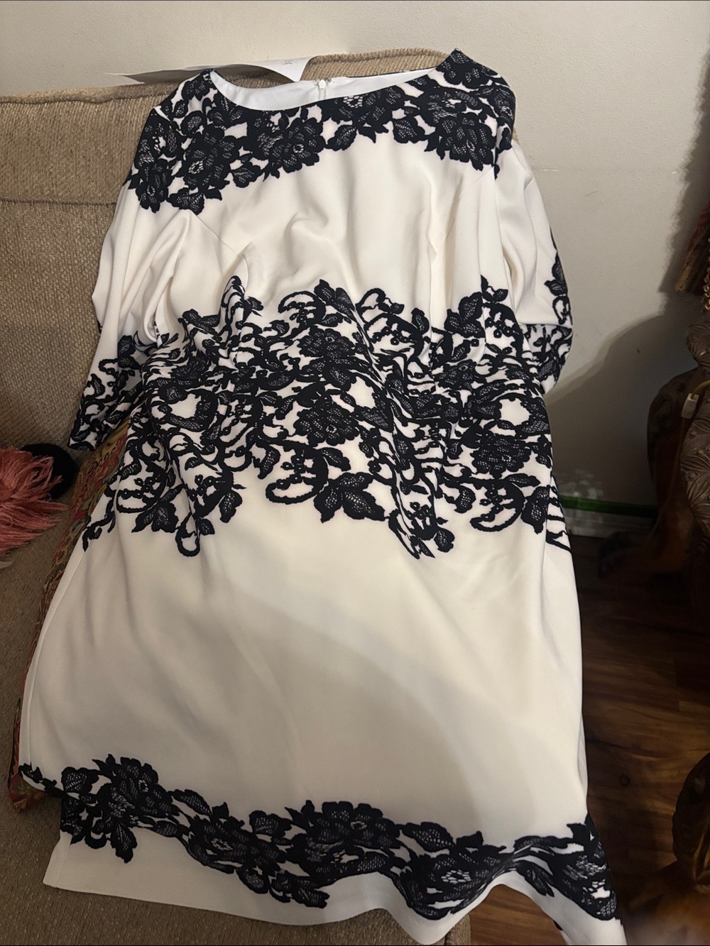 Adrianna Papell White Dress with Black Lace Applique
